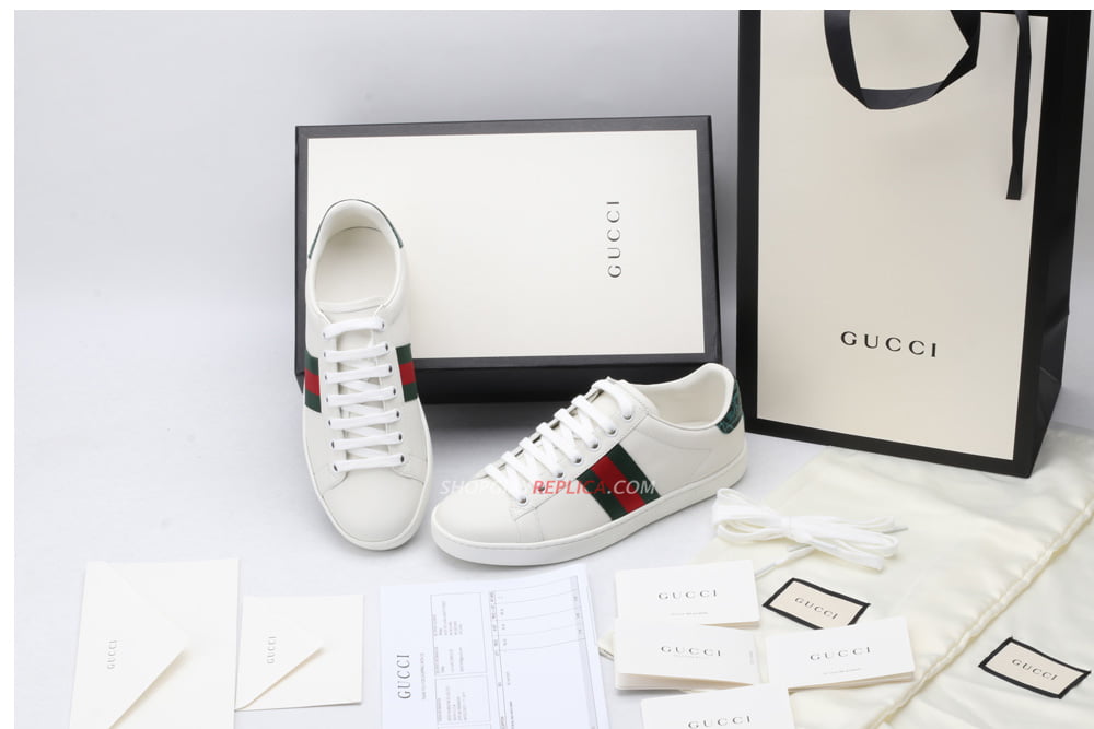 Giày Gucci Ace Leather Sneaker With Green Crocodile Like Auth