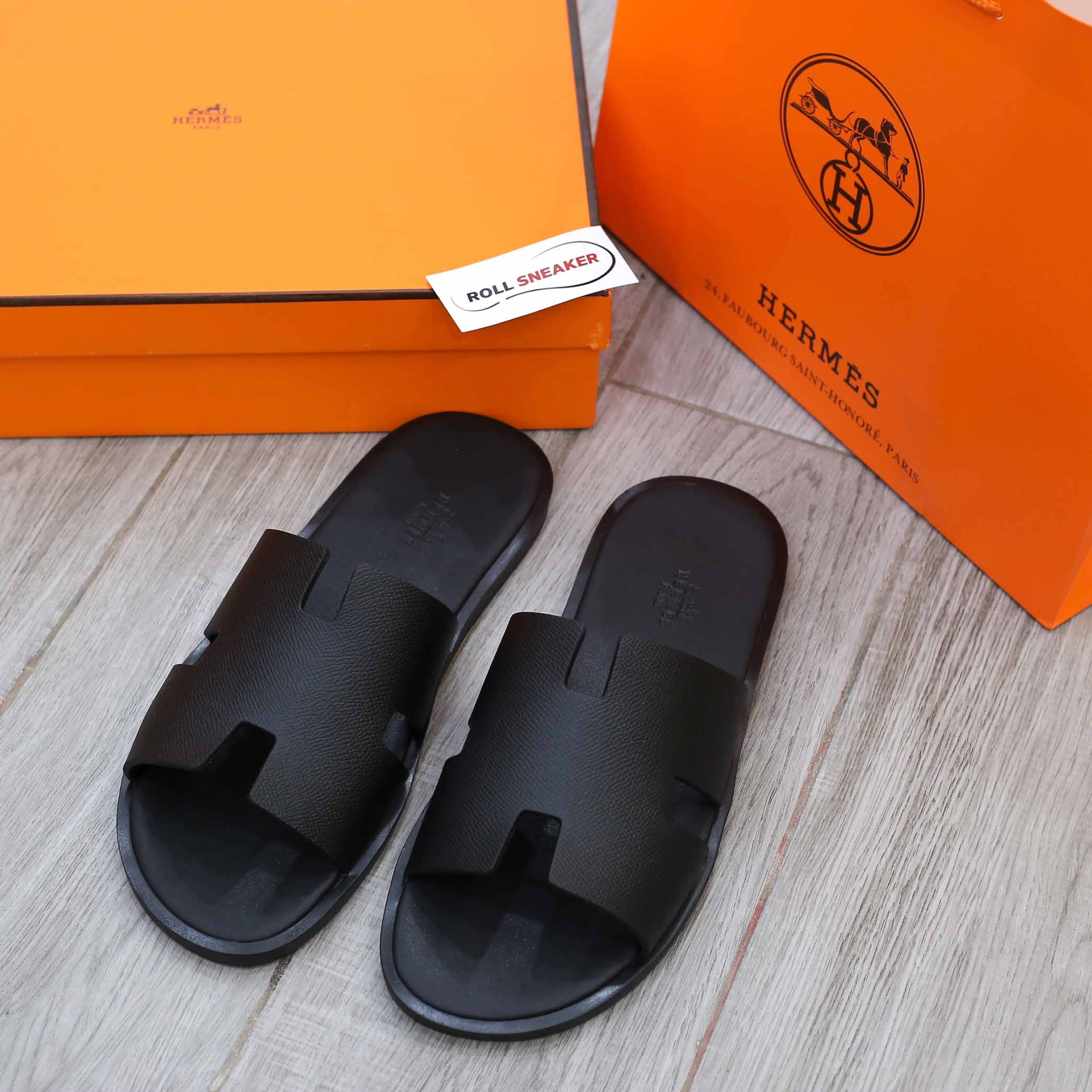 Dép hàng hiệu Hermes Nam Full Đen Da Taiga (Sần) Siêu Cấp