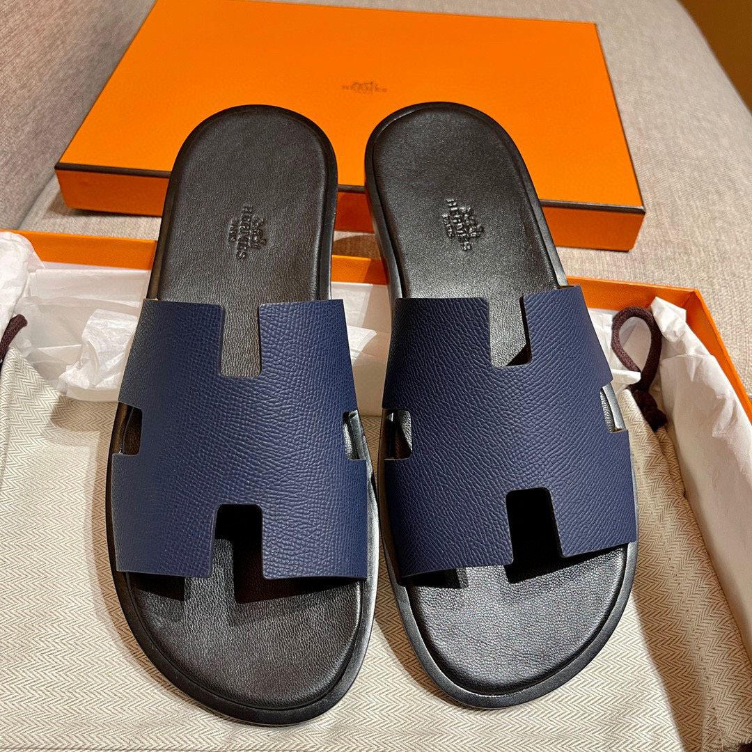 Dép Hermes Nam Da Sần Taiga Màu Xanh Lót Đen Siêu Cấp