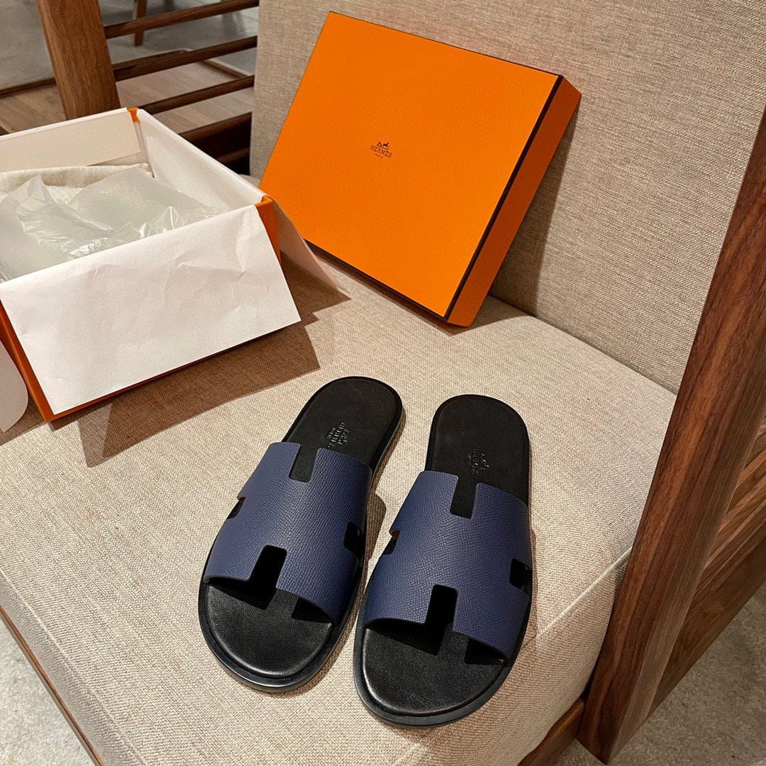 Dép lê Hermes Nam Da Taiga Màu Xanh Lót Đen Siêu Cấp