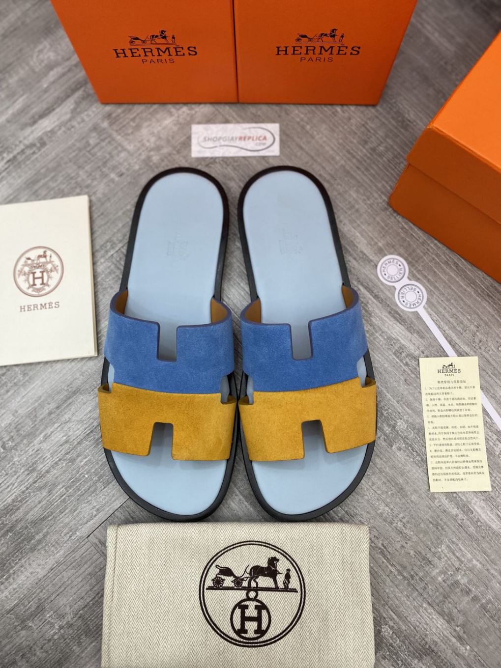 Dép Hermes Nam da Lộn 2 Màu (Bicolor) Xanh Vàng Like Auth Đế Gỗ