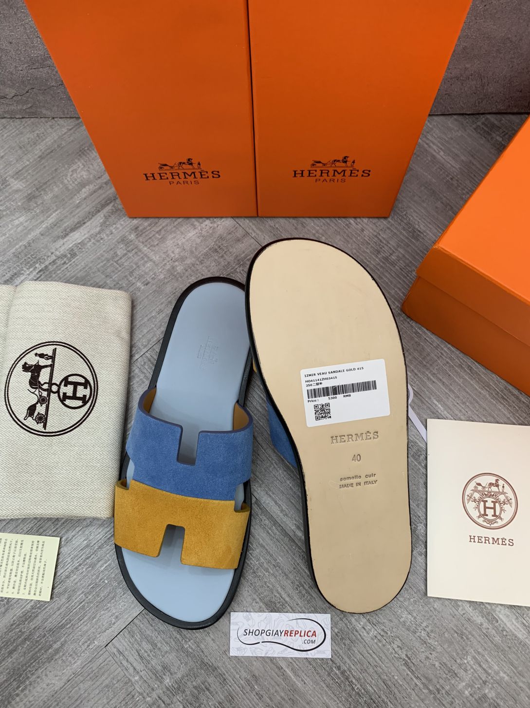 Dép Hermes Nam da Lộn 2 Màu (Bicolor) Xanh Vàng Like Auth Đế Gỗ