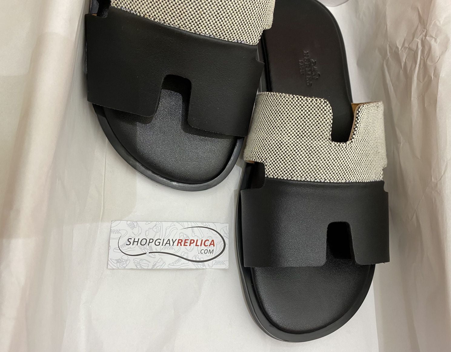 Dép Hermes Nam Canvas Bicolor Trắng Đen