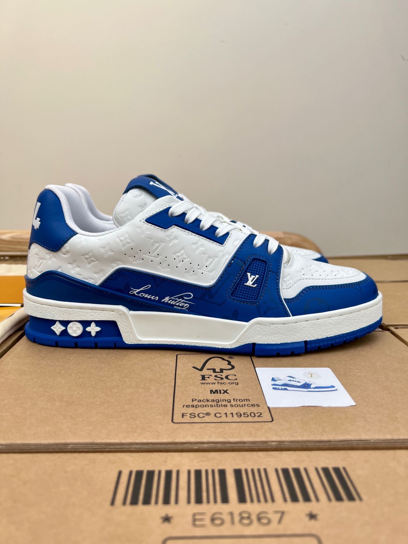 Giày Louis Vuitton Lv Trainer #54 Xanh Signature Blue White Like Auth