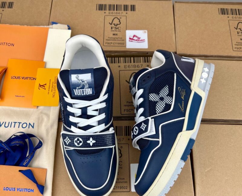 Giày Louis Vuitton Lv Trainer Monogram Xanh Navy quai Velcro Like Auth
