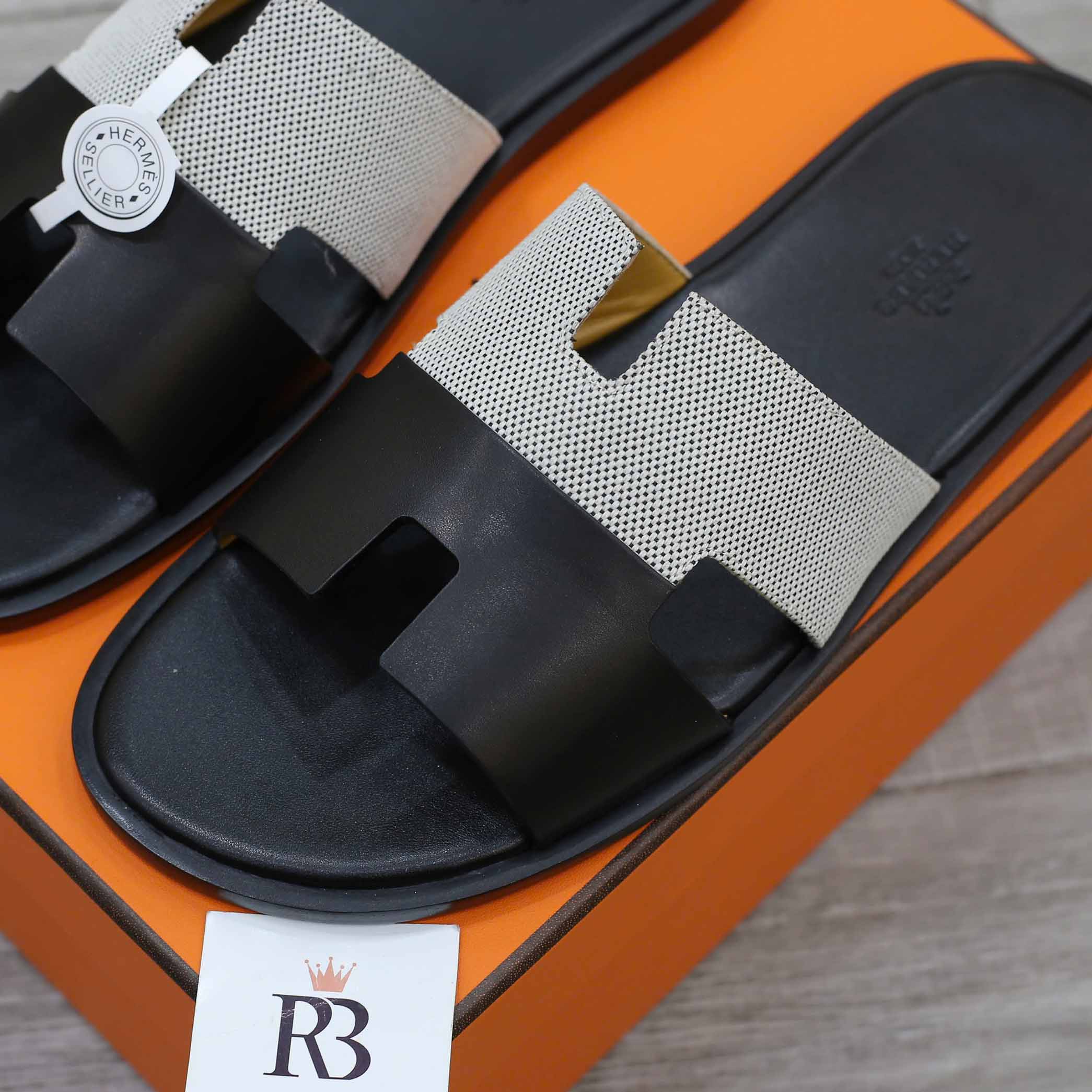 Dép Hermes Nam Canvas Bicolor Black White Like Auth