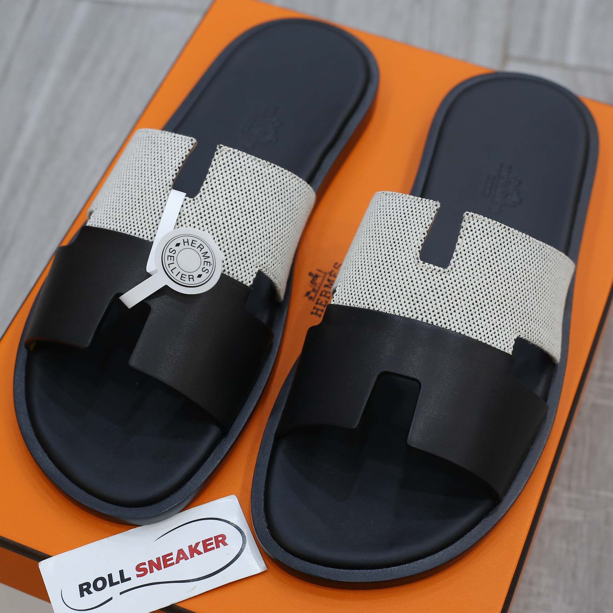 Dép Hermes Nam Canvas Bicolor Black White Like Auth