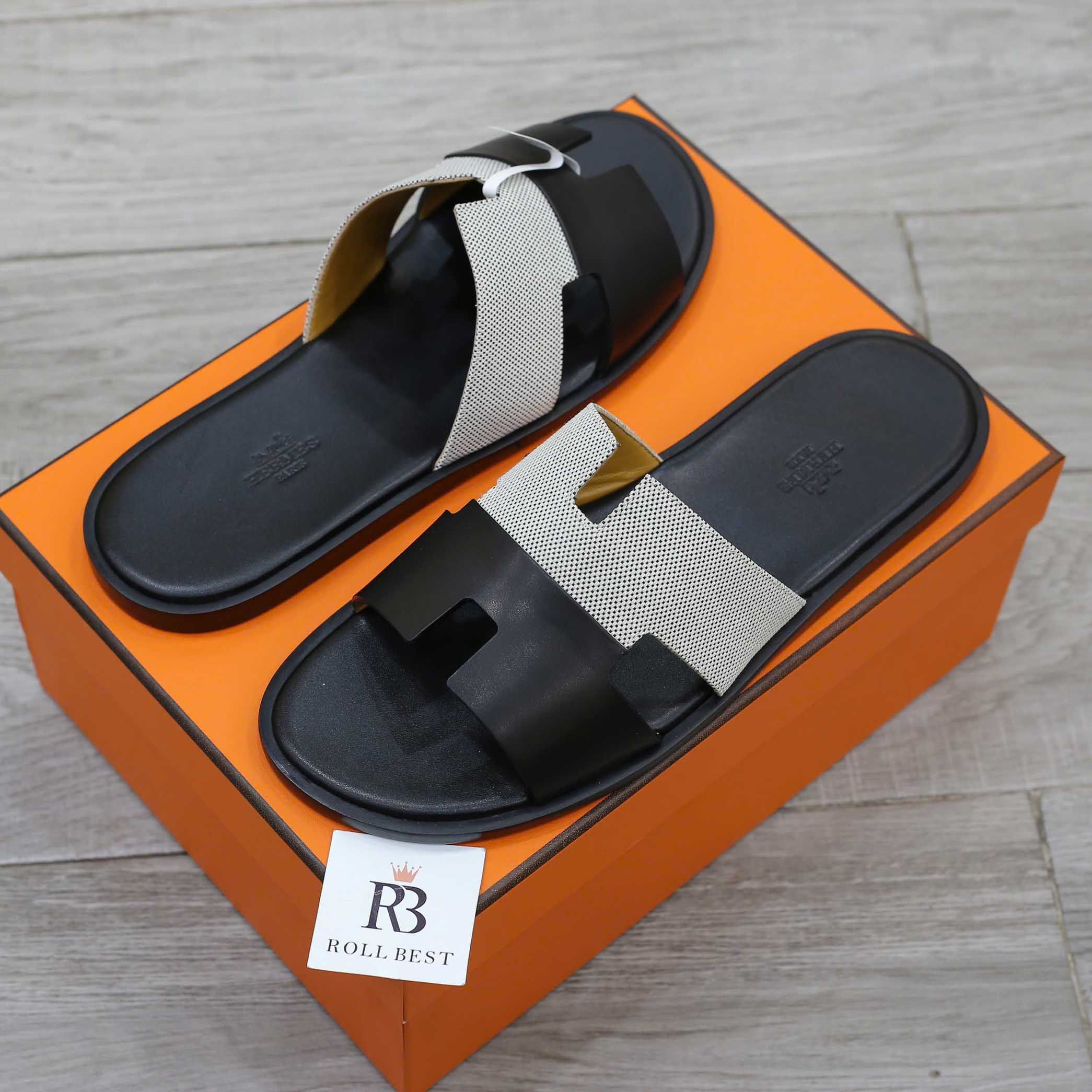 Dép Hermes Nam Canvas Bicolor Black White Like Auth