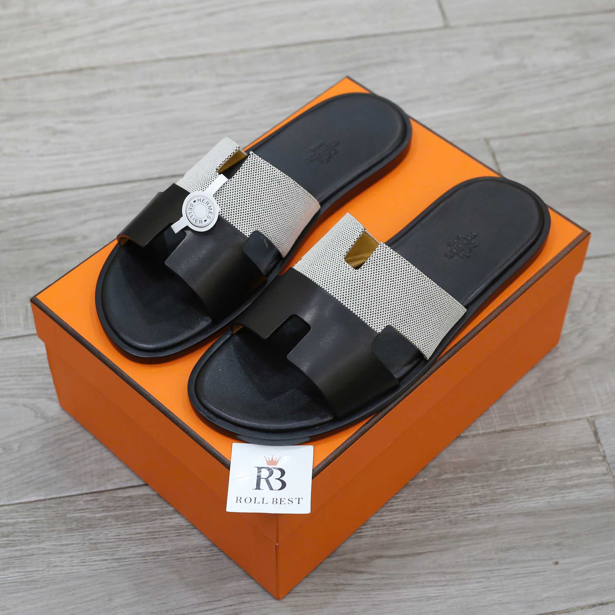 Dép Hermes Nam Canvas Bicolor Black White Like Auth