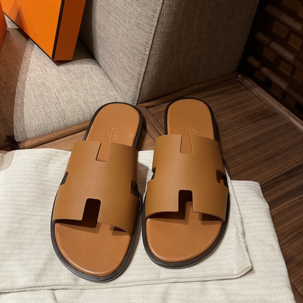 Dép Hermes Izmir Epsom Leather Brown Like Auth