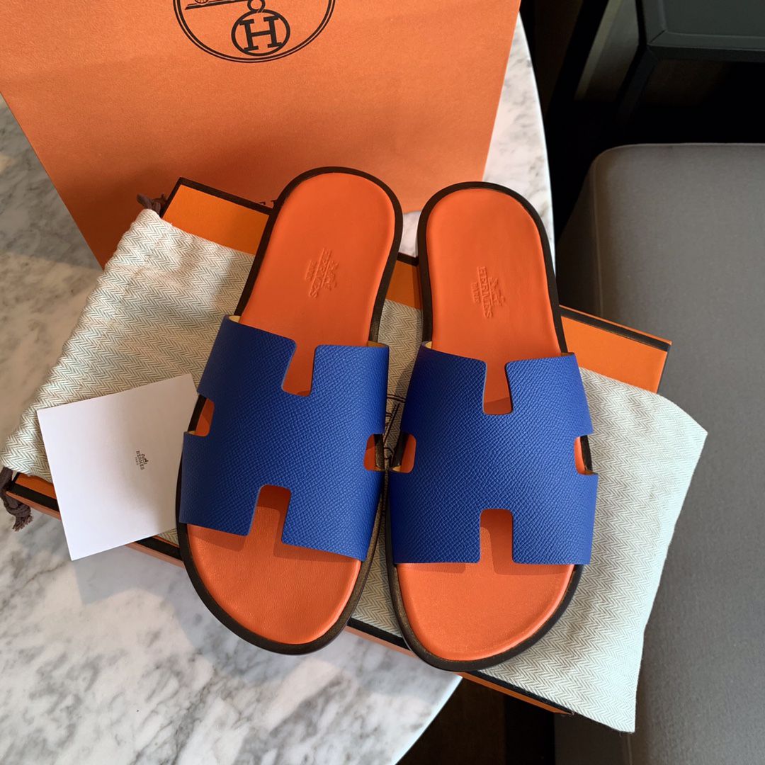 Dép Hermes Izmir Blue/Orange Xanh Cam da Epsom Like Auth