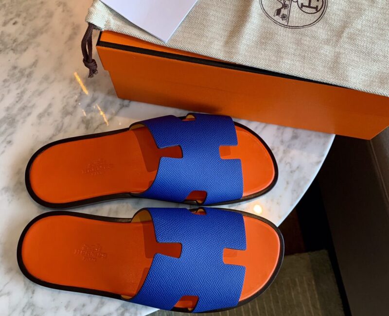 Dép Hermes Izmir Blue/Orange Xanh Cam da Epsom Like Auth