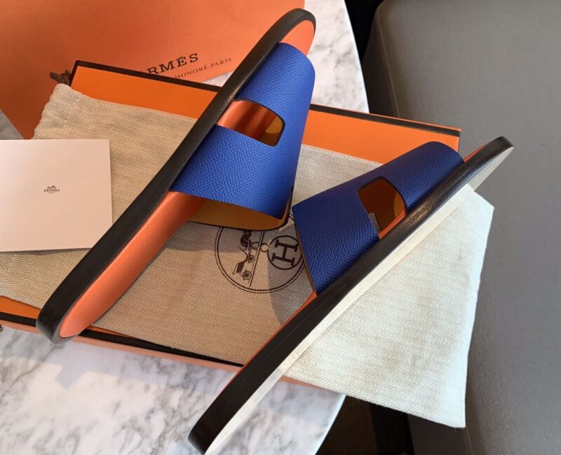 Dép Hermes Izmir Blue/Orange Xanh Cam da Epsom Like Auth