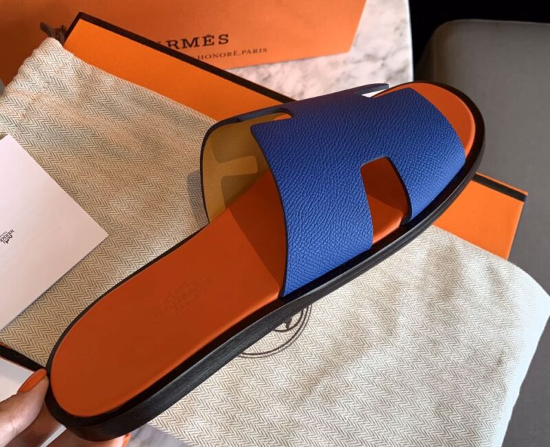 Dép Hermes Izmir Blue/Orange Xanh Cam da Epsom Like Auth