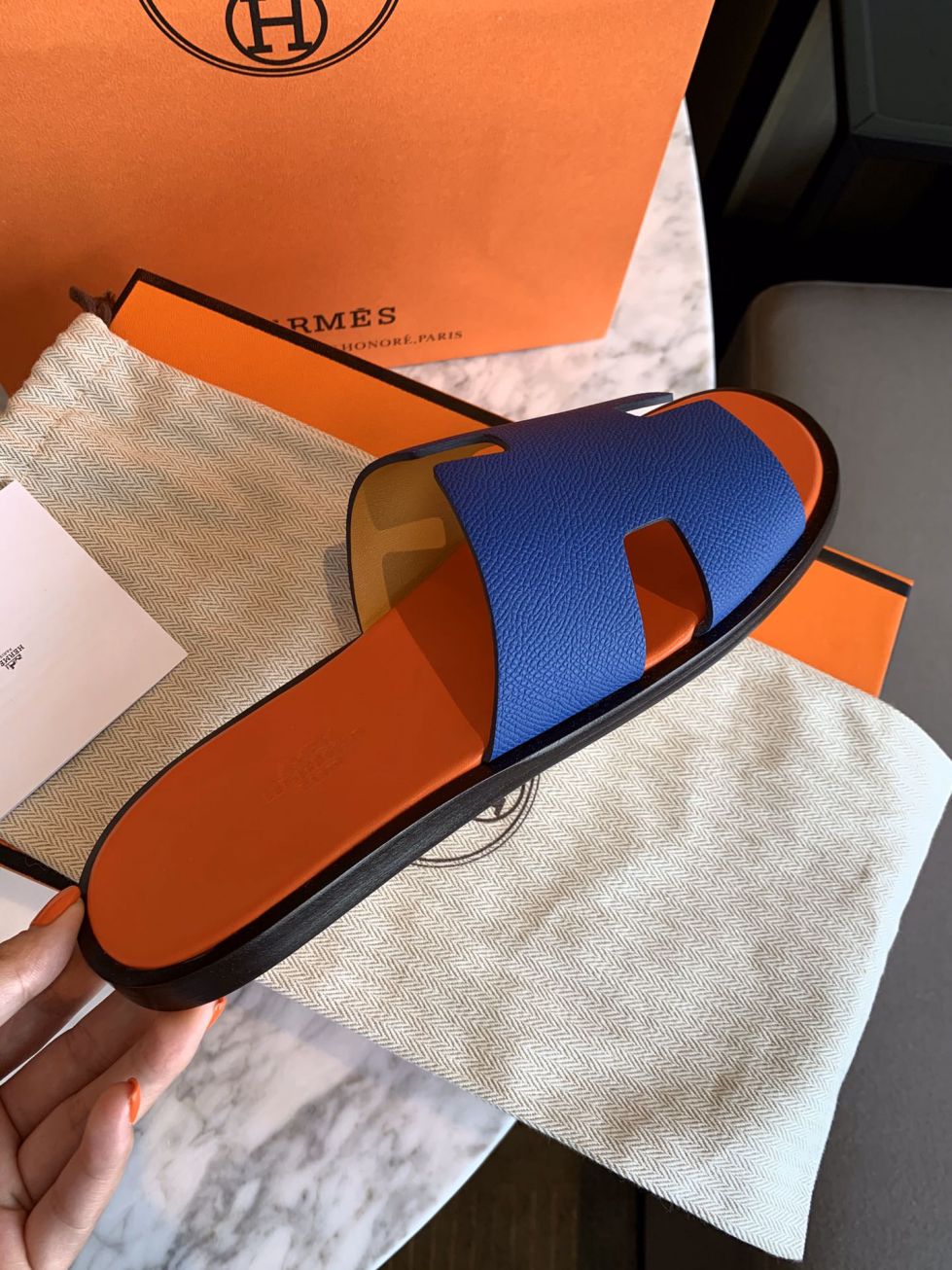 Dép Hermes Izmir Blue/Orange Xanh Cam da Epsom Like Auth