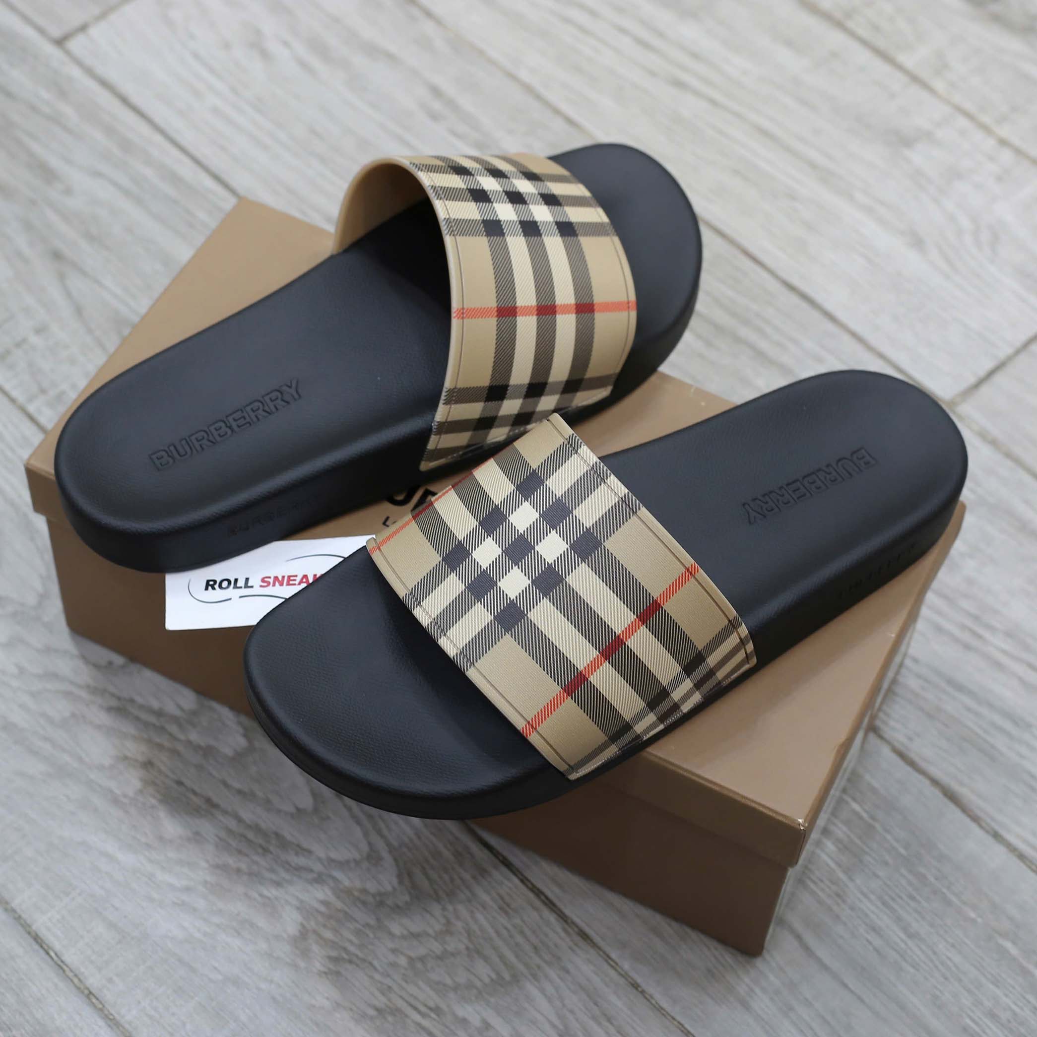Dép Burberry Vintage Check Print Slides Archive Beige