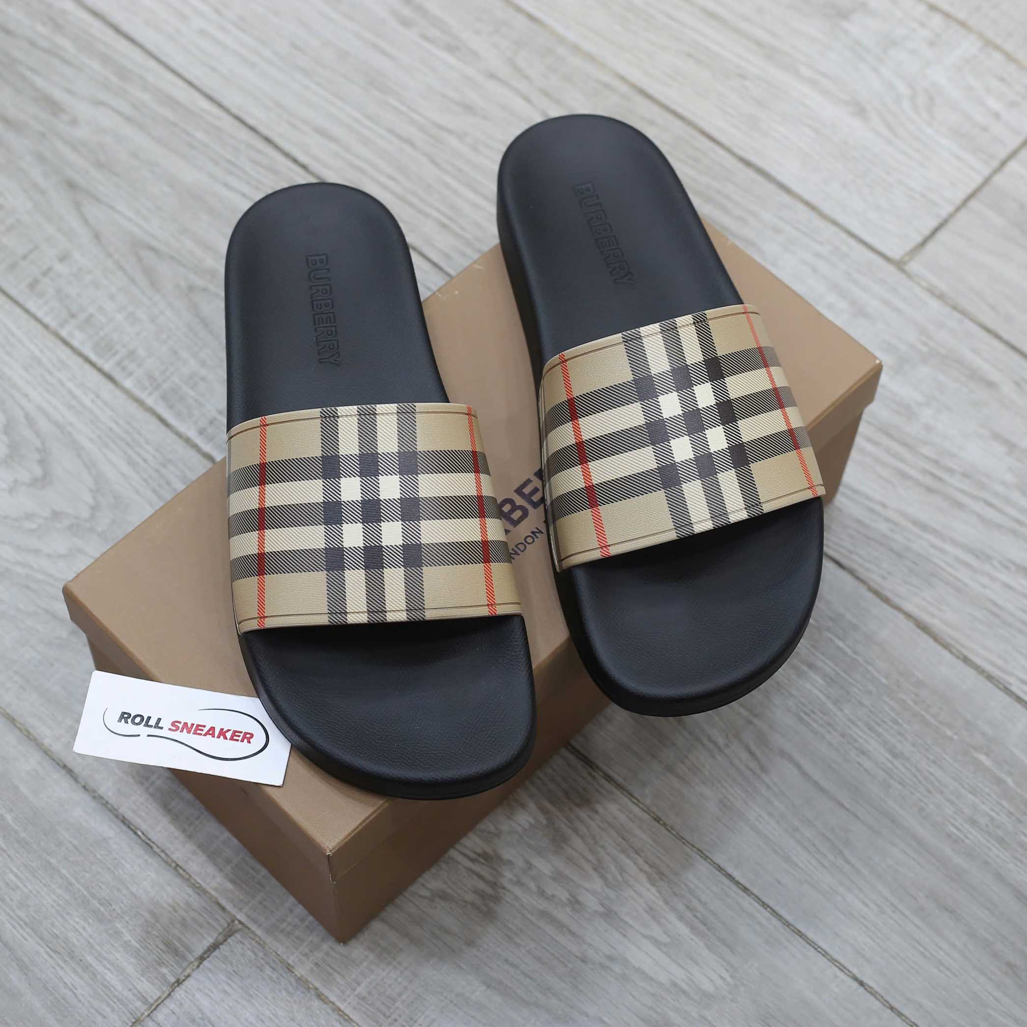 Dép Burberry Vintage Check Print Slides Archive Beige