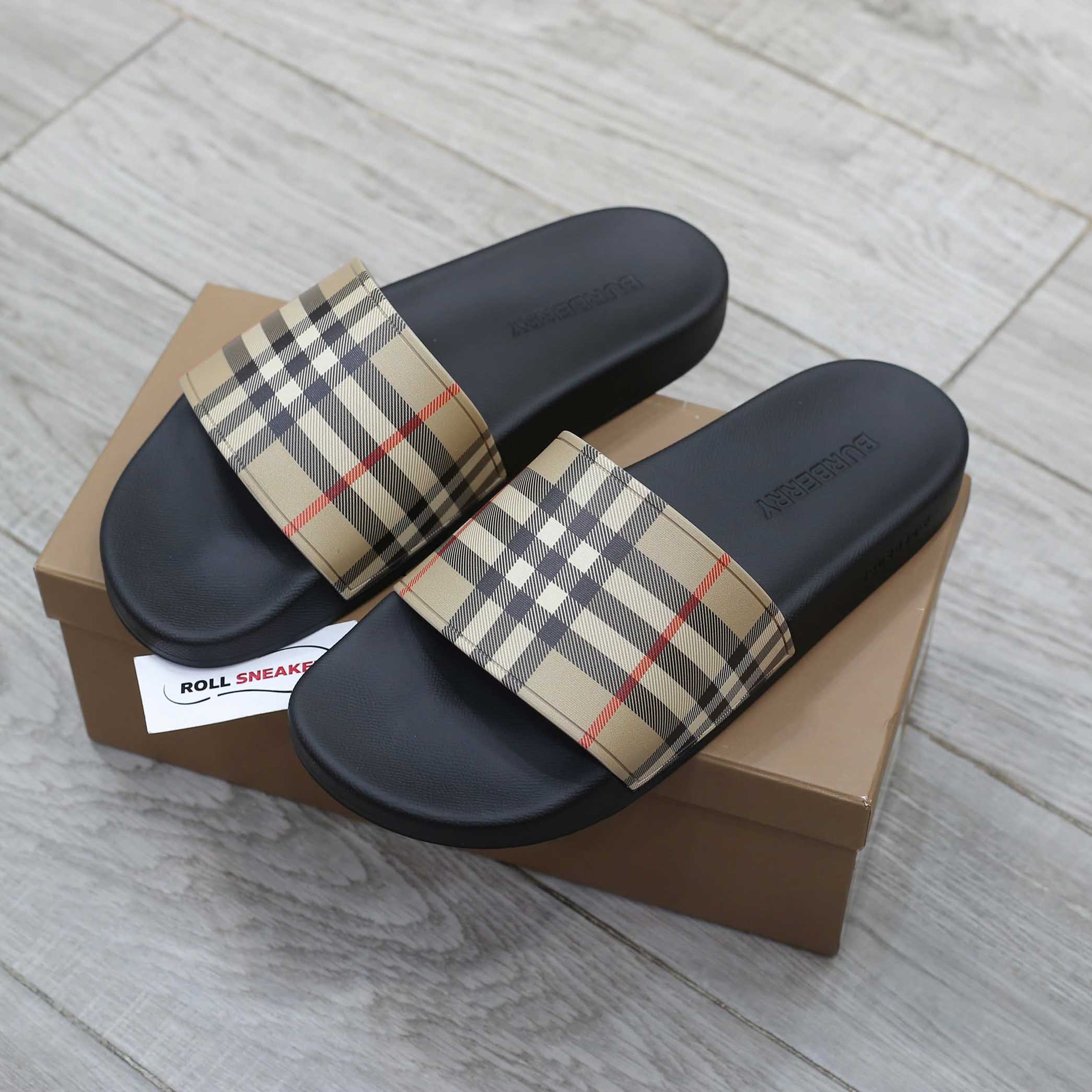 Dép Burberry Vintage Check Print Slides Archive Beige