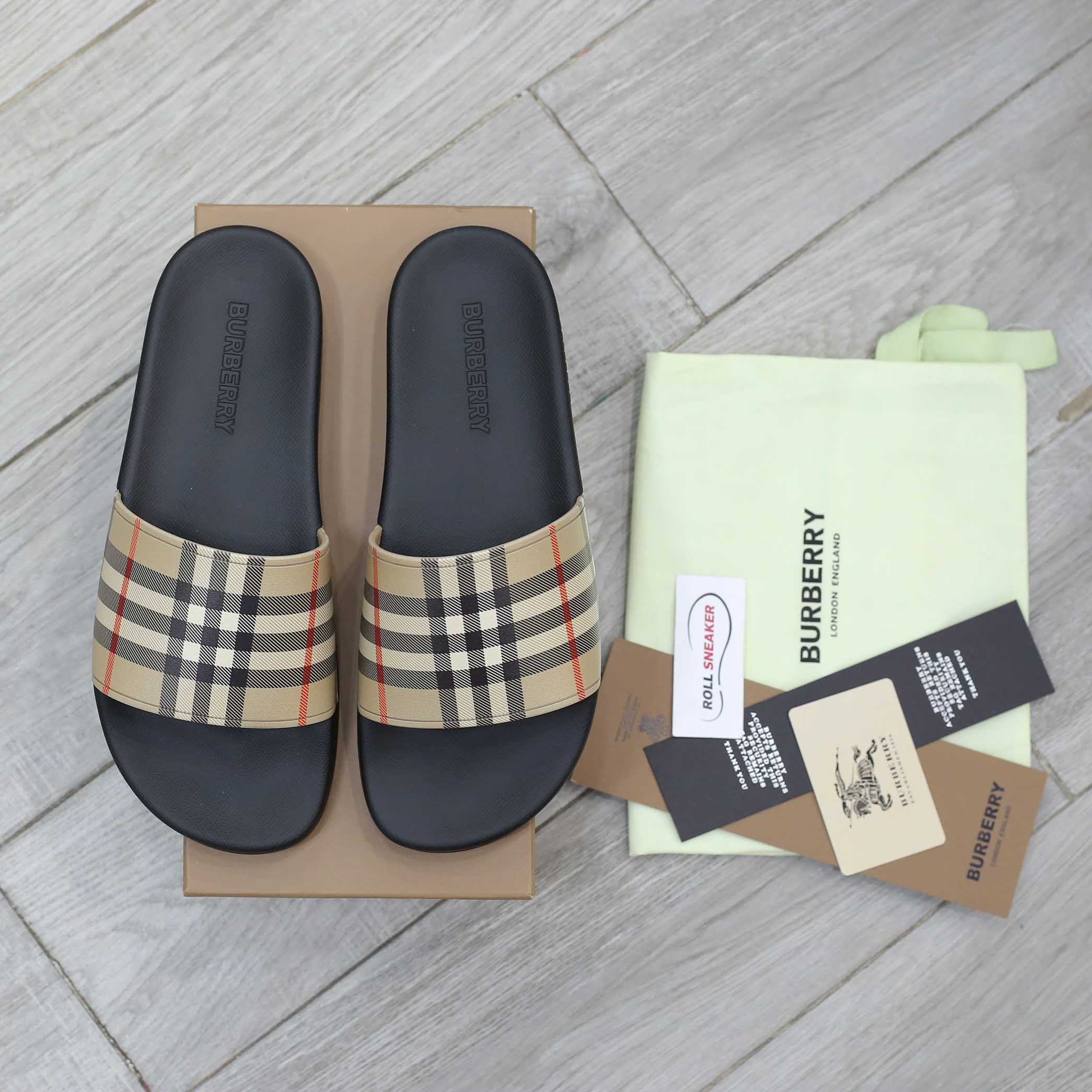 Dép Burberry Vintage Check Print Slides Archive Beige