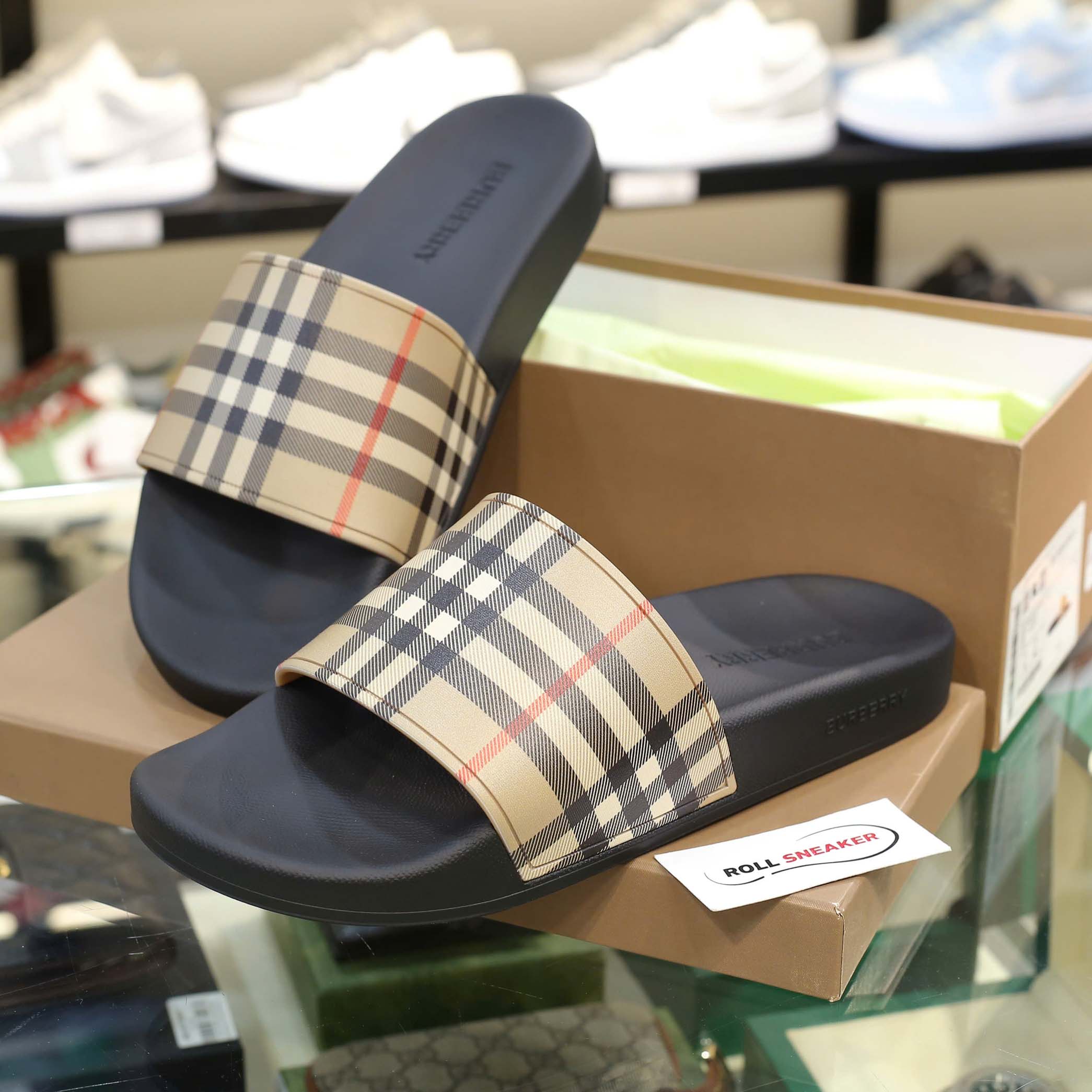 Dép Burberry Vintage Check Print Slides Archive Beige