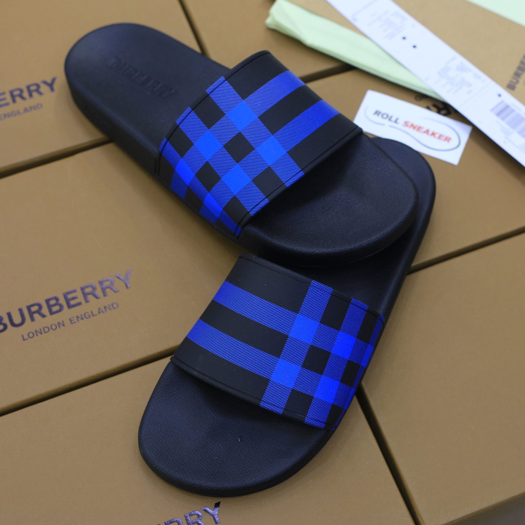 Dép Burberry Check Print Slides Dark Blue Like Auth