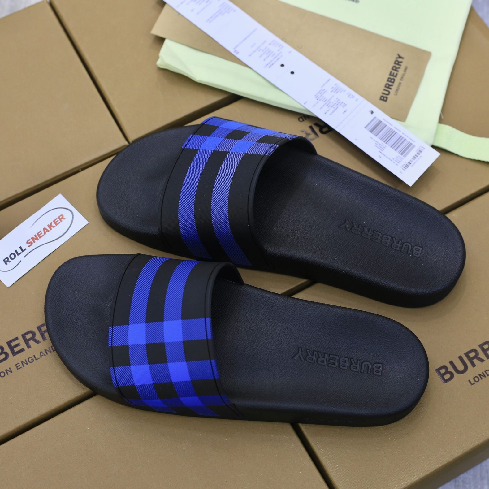 Dép Burberry Check Print Slides Dark Blue Like Auth