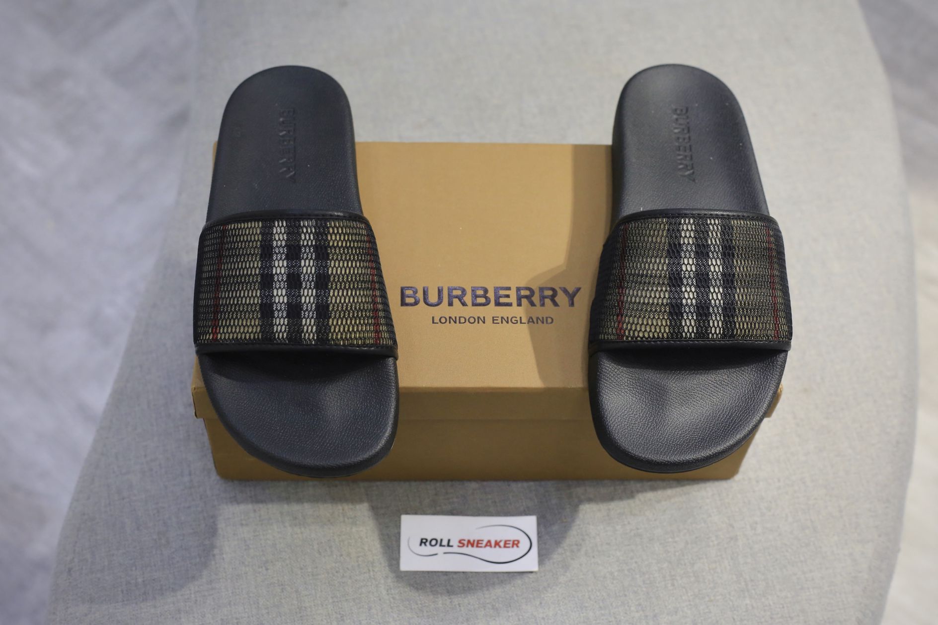 Dép Nam Burberry Check Cotton and Mesh Slides