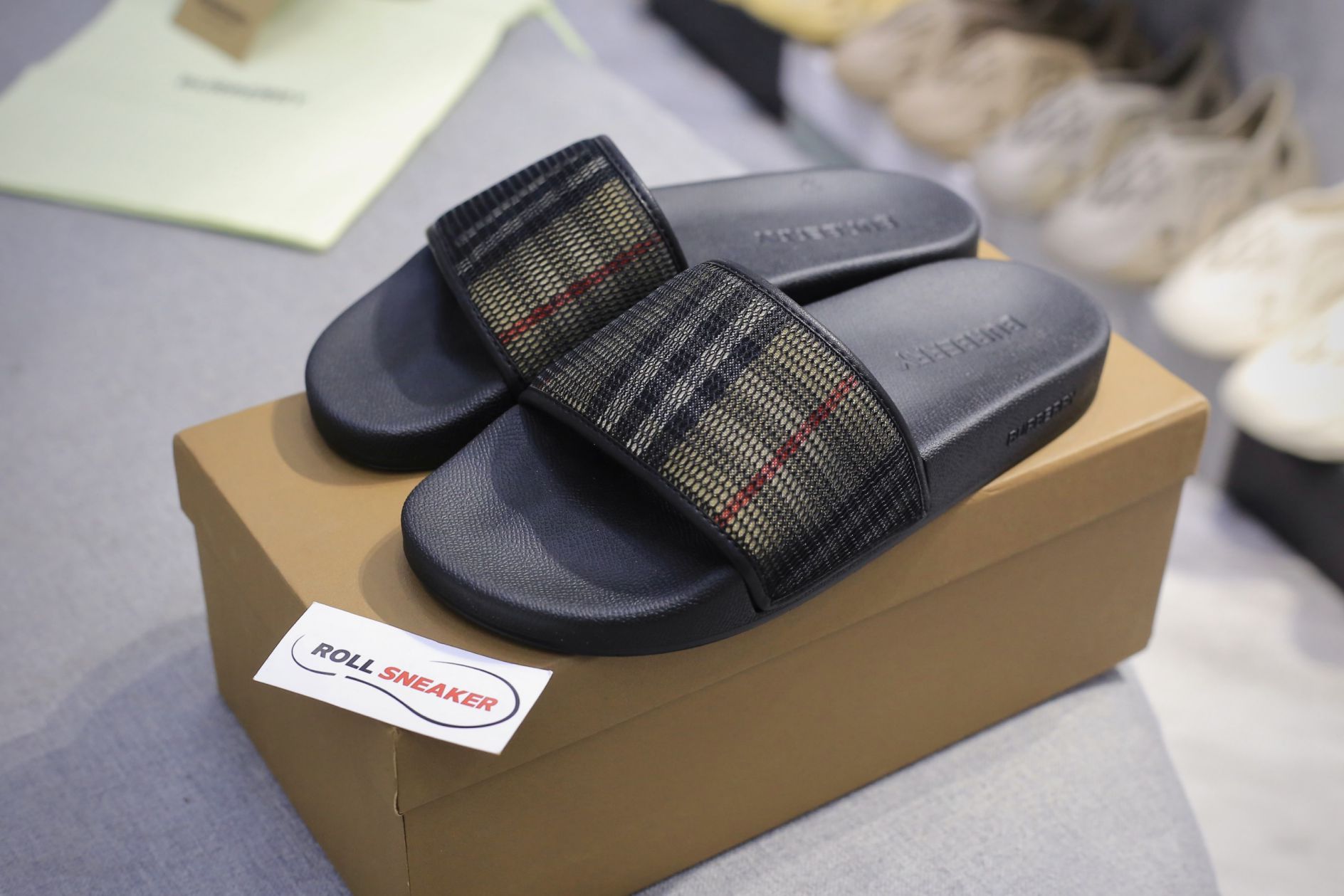 Dép Nam Burberry Check Cotton and Mesh Slides