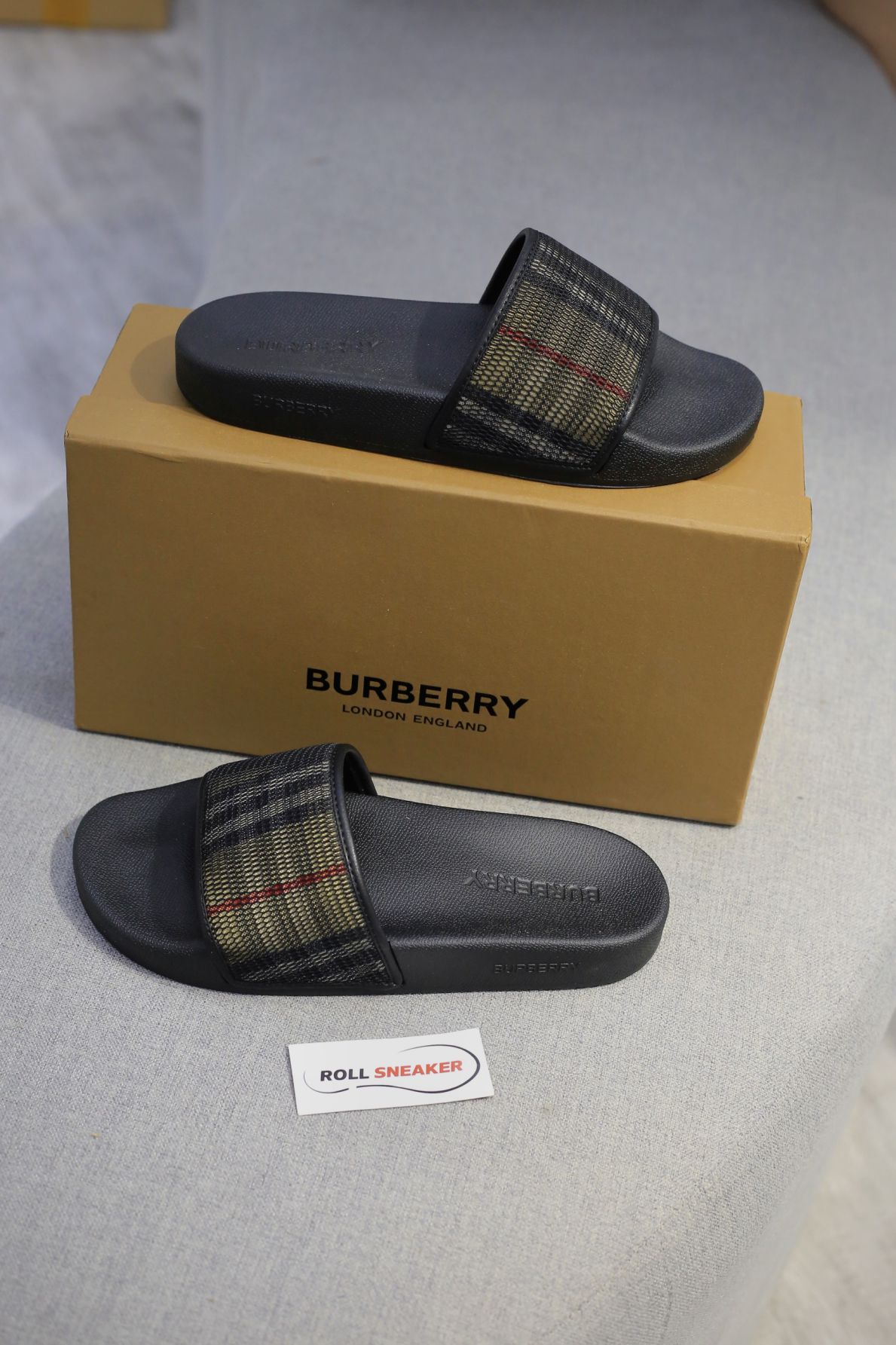 Dép Nam Burberry Check Cotton and Mesh Slides
