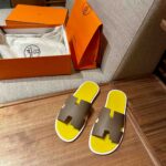 Dép Hermes Nam da Epsom (Sần) Nâu Lót Vàng Best Quality