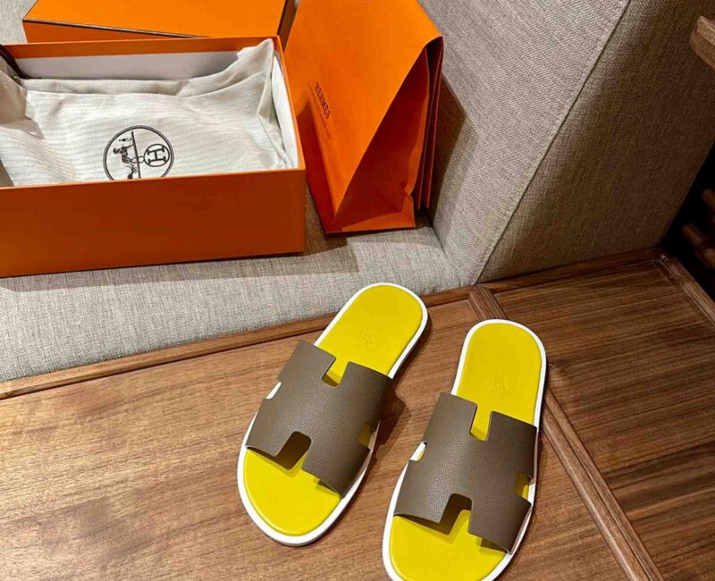 Dép Hermes Nam da Epsom (Sần) Nâu Lót Vàng Best Quality