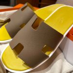 Dép Hermes Nam da Epsom (Sần) Nâu Lót Vàng Best Quality