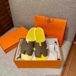 Dép Hermes Nam da Epsom (Sần) Nâu Lót Vàng Best Quality