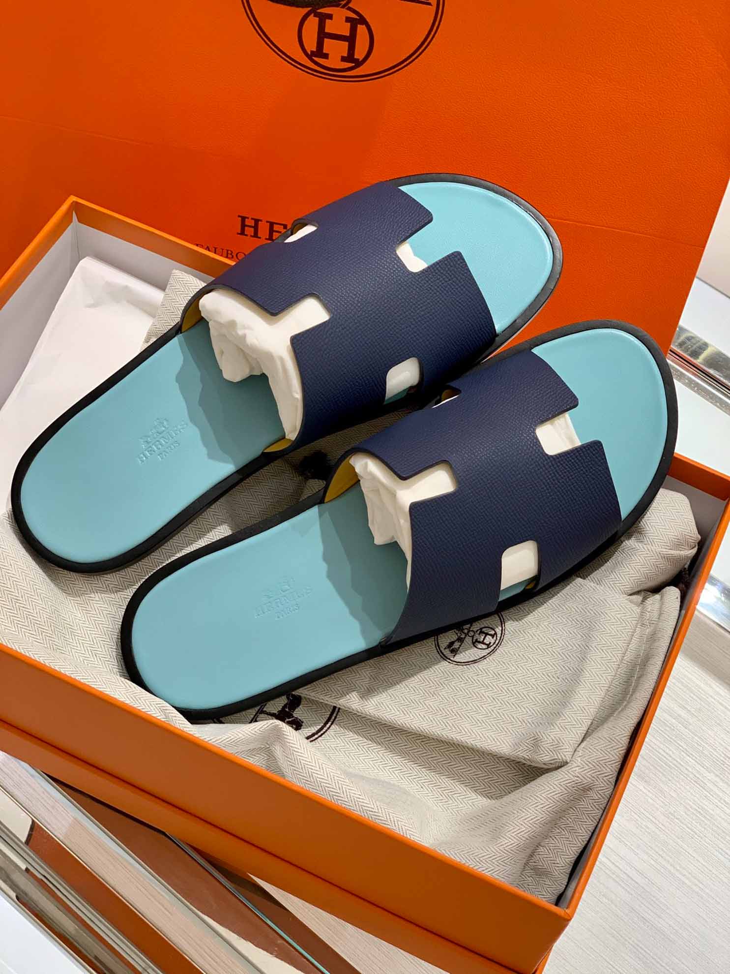 Dép Hermes Nam da Epsom (Sần) Navy Lót Xanh Mint Best Quality