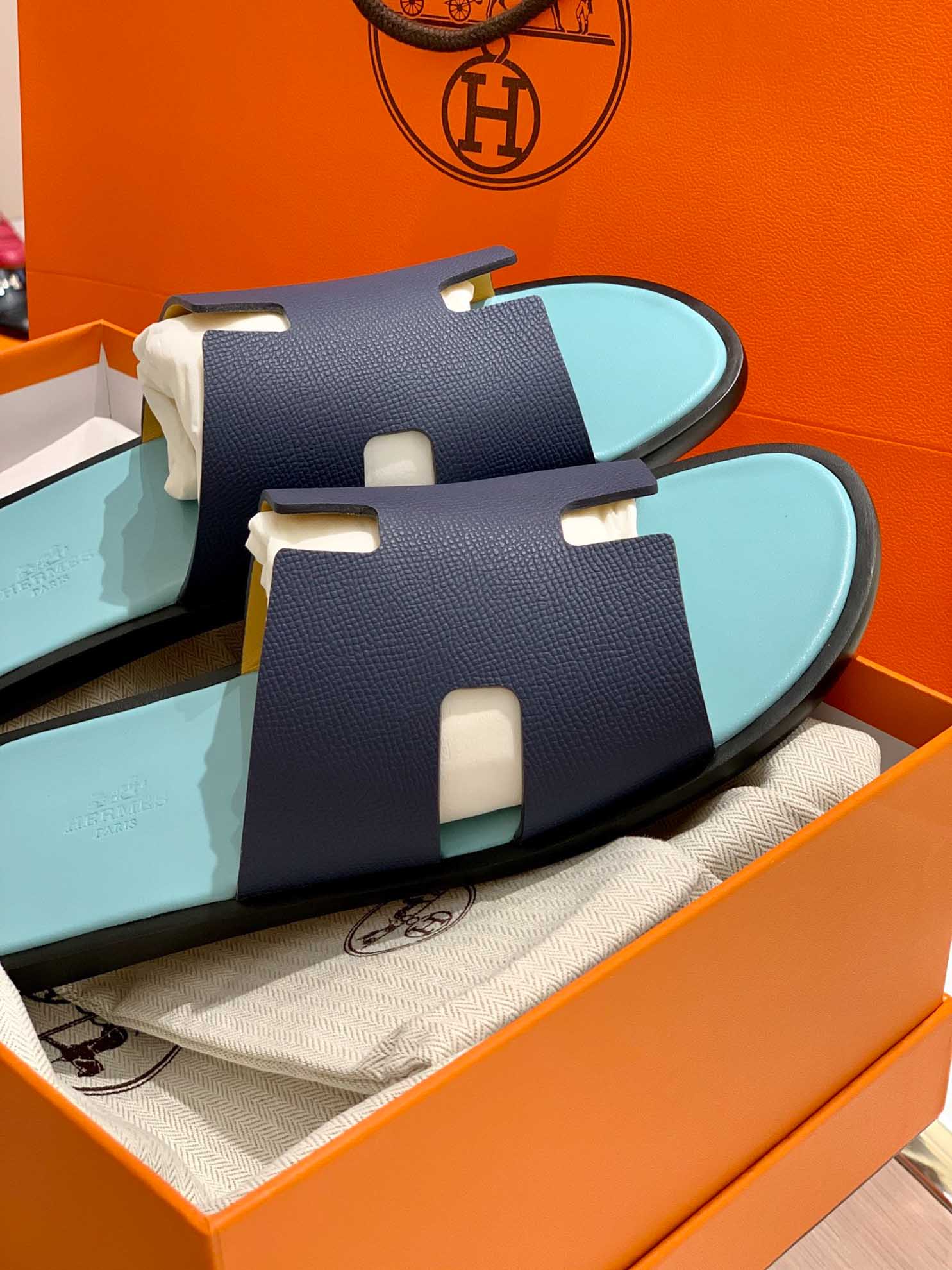 Dép Hermes Nam da Epsom (Sần) Navy Lót Xanh Mint Best Quality