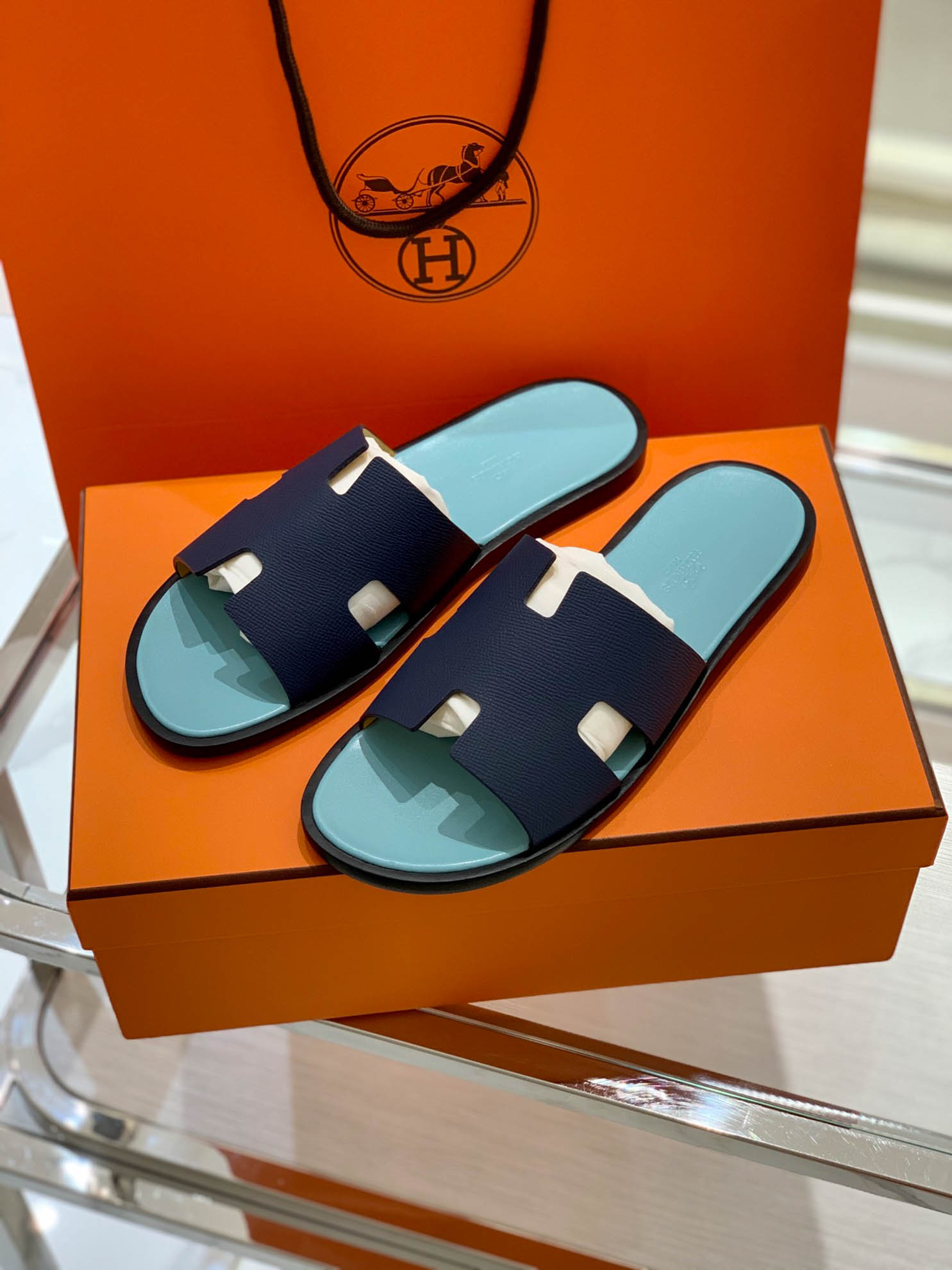 Dép Hermes Nam da Epsom (Sần) Navy Lót Xanh Mint Best Quality