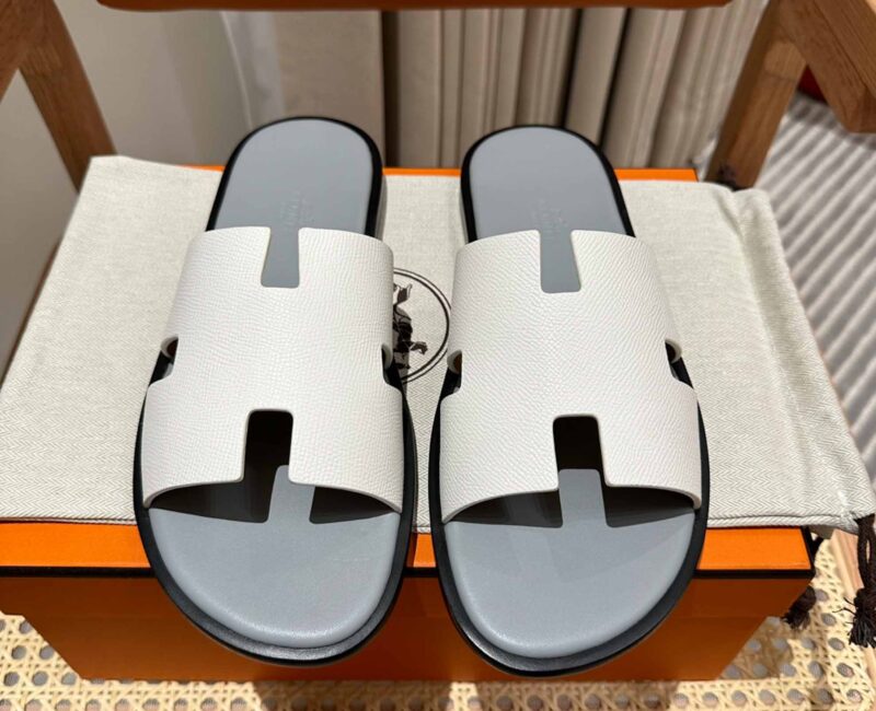 Dép Hermes Nam da Epsom (Sần) Trắng Lót Xám Best Quality