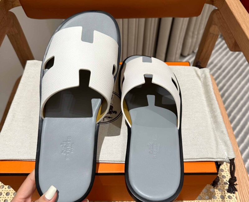 Dép Hermes Nam da Epsom (Sần) Trắng Lót Xám Best Quality