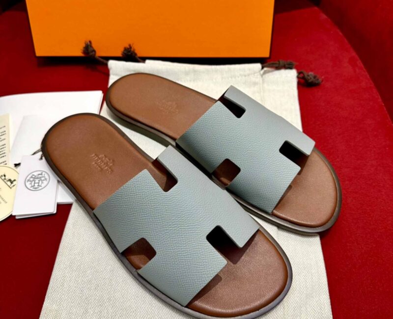 Dép Hermes Nam da Epsom (Sần) Xám Lót Nâu Best Quality