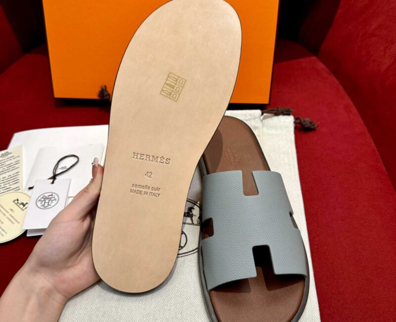 Dép Hermes Nam da Epsom (Sần) Xám Lót Nâu Best Quality