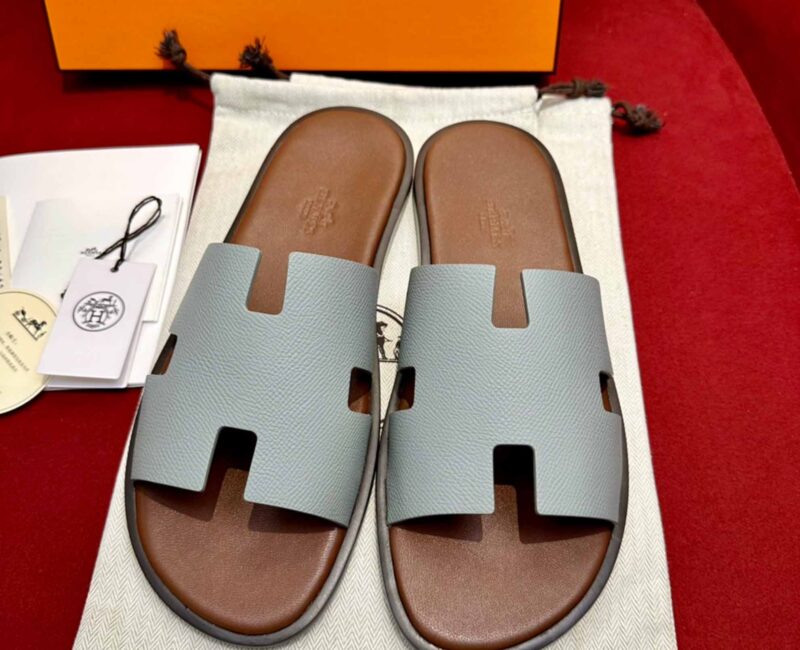 Dép Hermes Nam da Epsom (Sần) Xám Lót Nâu Best Quality