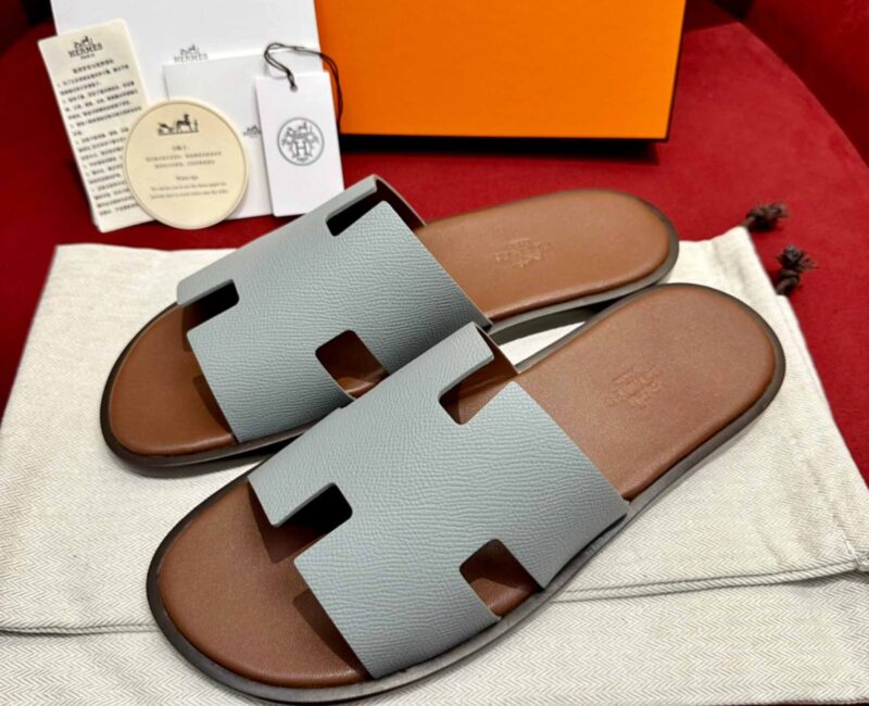 Dép Hermes Nam da Epsom (Sần) Xám Lót Nâu Best Quality
