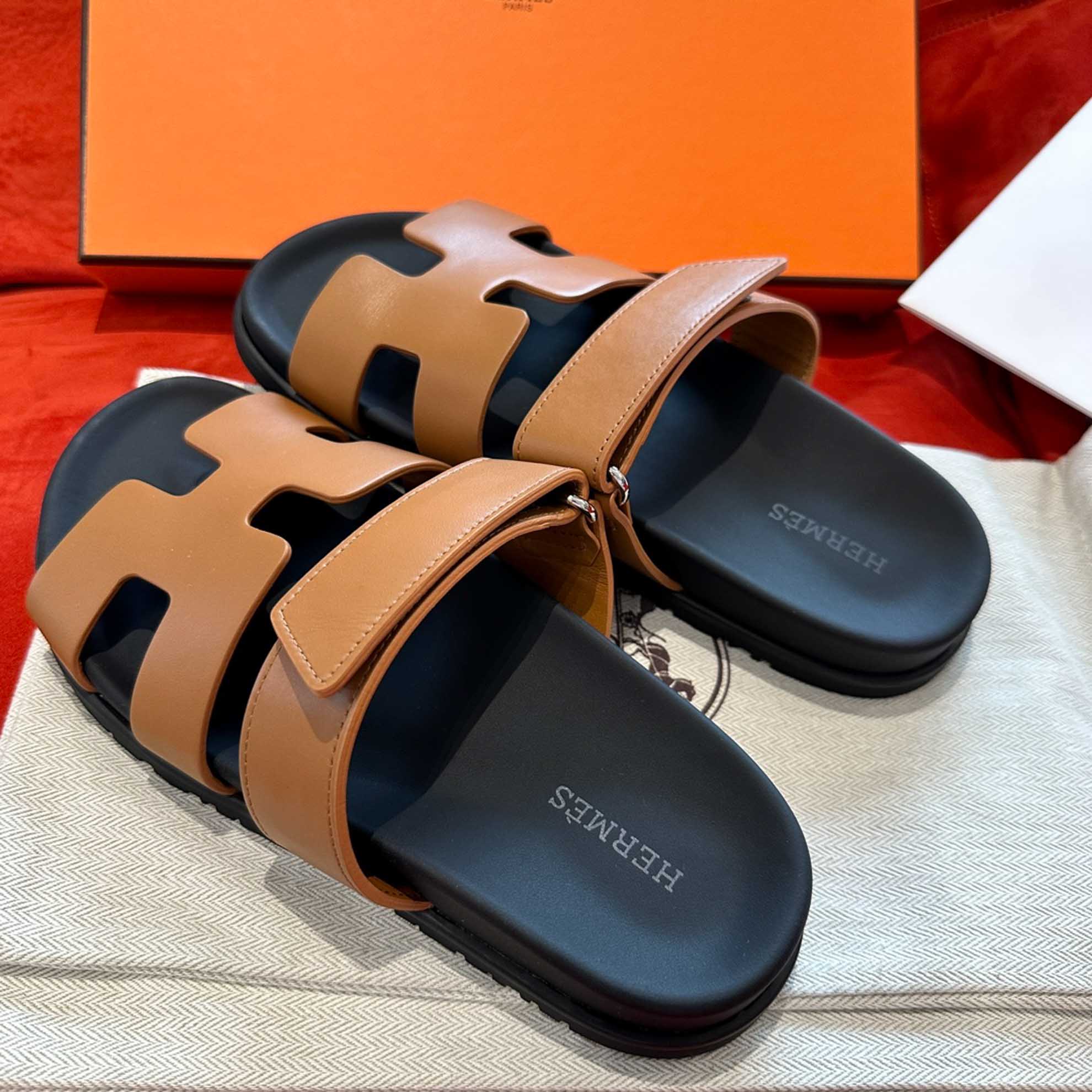 Dép Hermes Chypre Sandal Natural Black Smooth Calfskin Leather Best Quality
