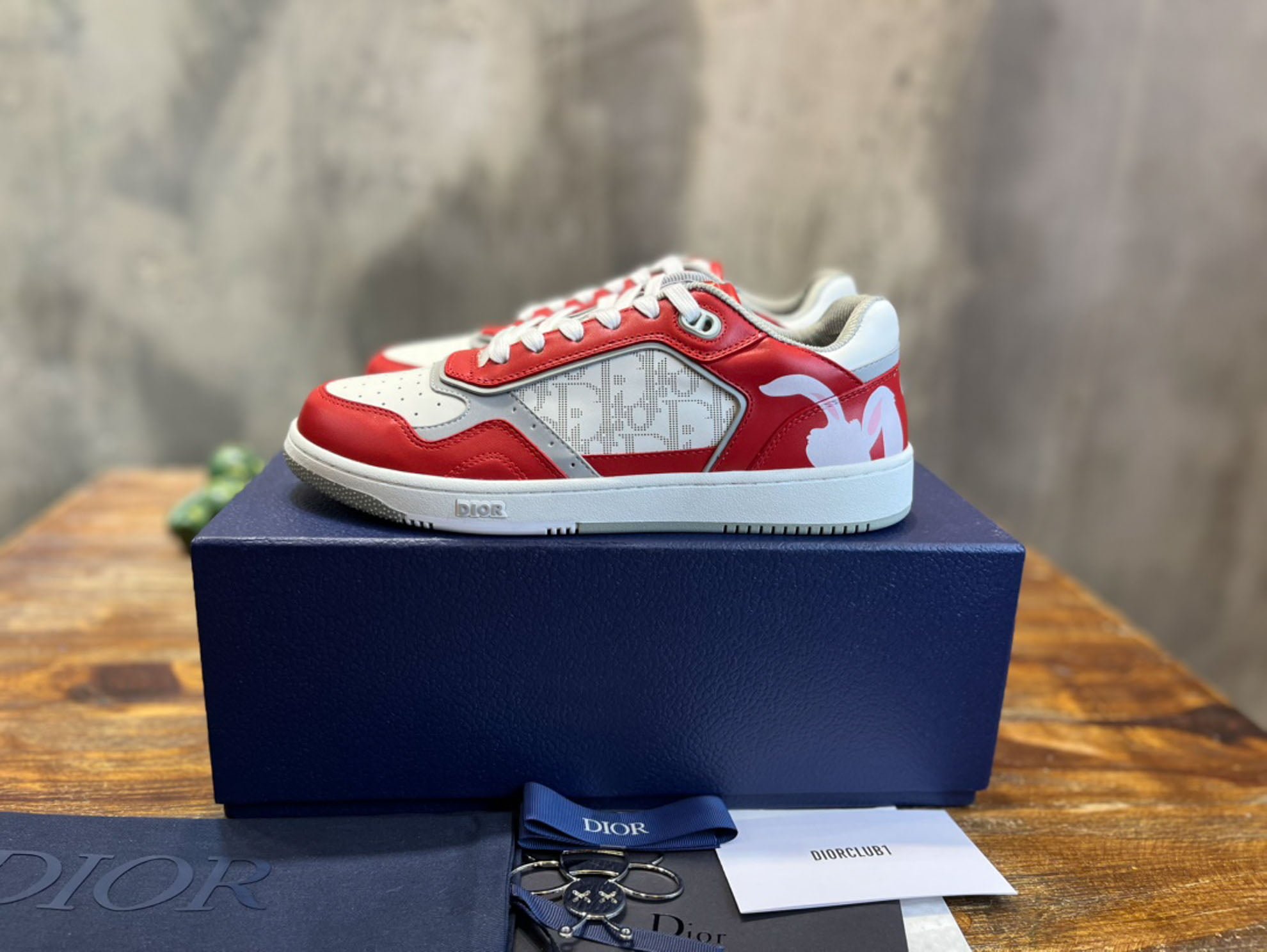 Giày Dior B27 Low Red White Dior Oblique Galaxy Leather with Rabbit Motif Like Auth