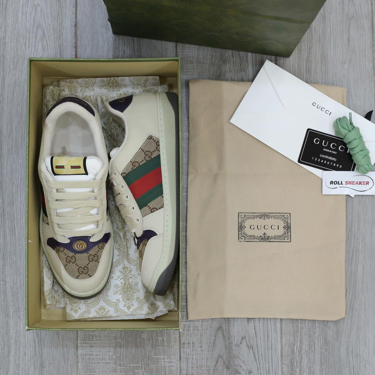 Giày Gucci Screener Leather and GG-Supreme gót Tím Like Auth