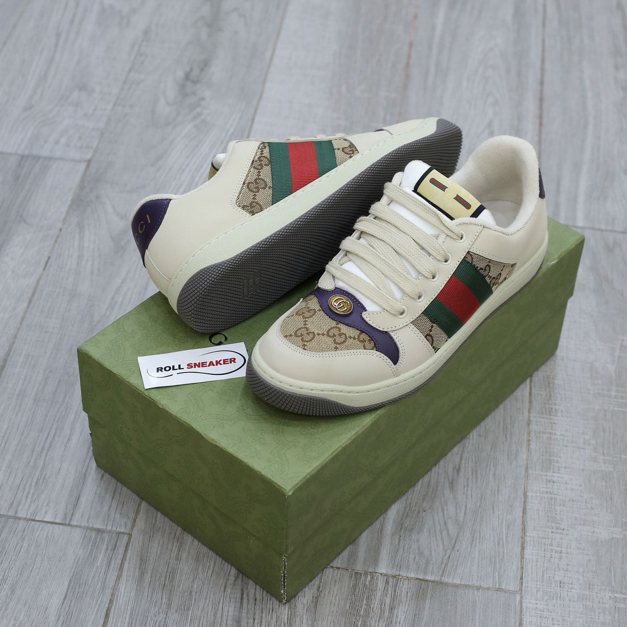 Giày Gucci Screener Leather and GG-Supreme gót Tím Like Auth