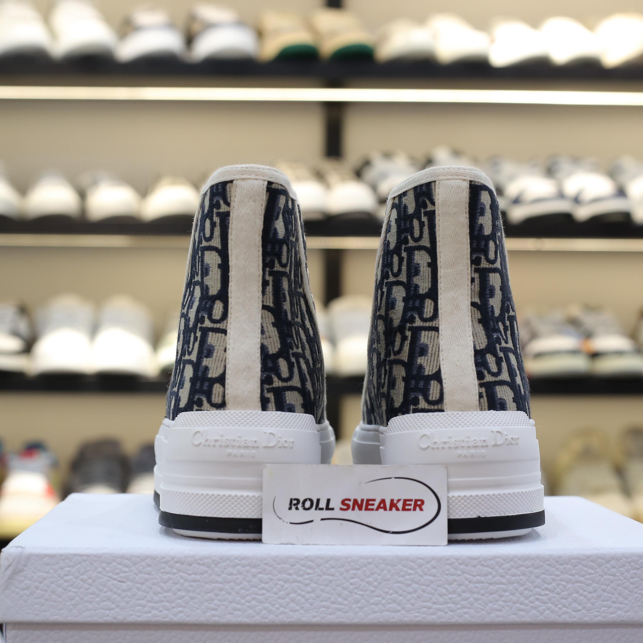 Giày WALK’N’DIOR HIGH-TOP PLATFORM SNEAKER Deep Blue Dior Oblique Embroidered Cotton Best Quality