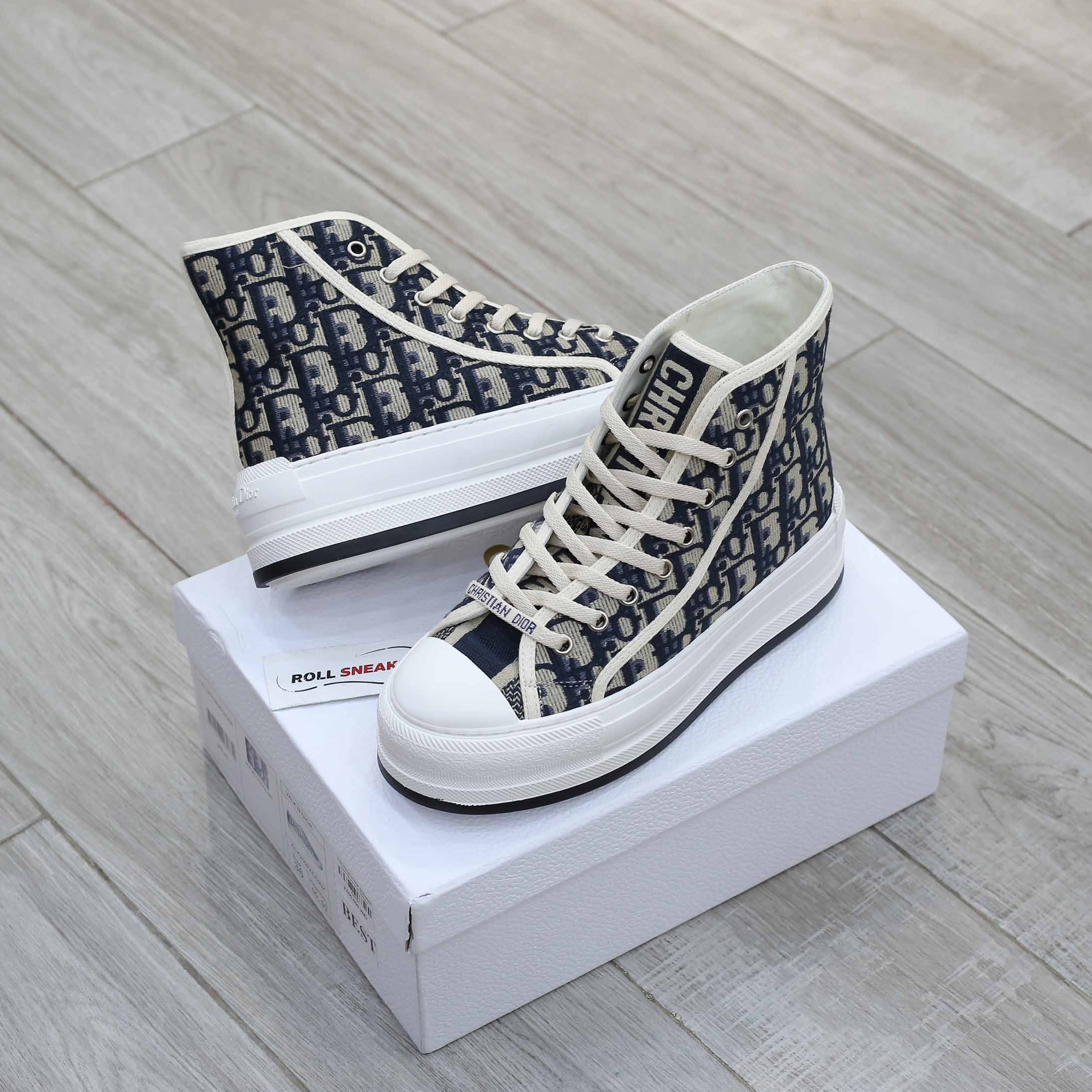 Giày WALK’N’DIOR HIGH-TOP PLATFORM SNEAKER Deep Blue Dior Oblique Embroidered Cotton Best Quality