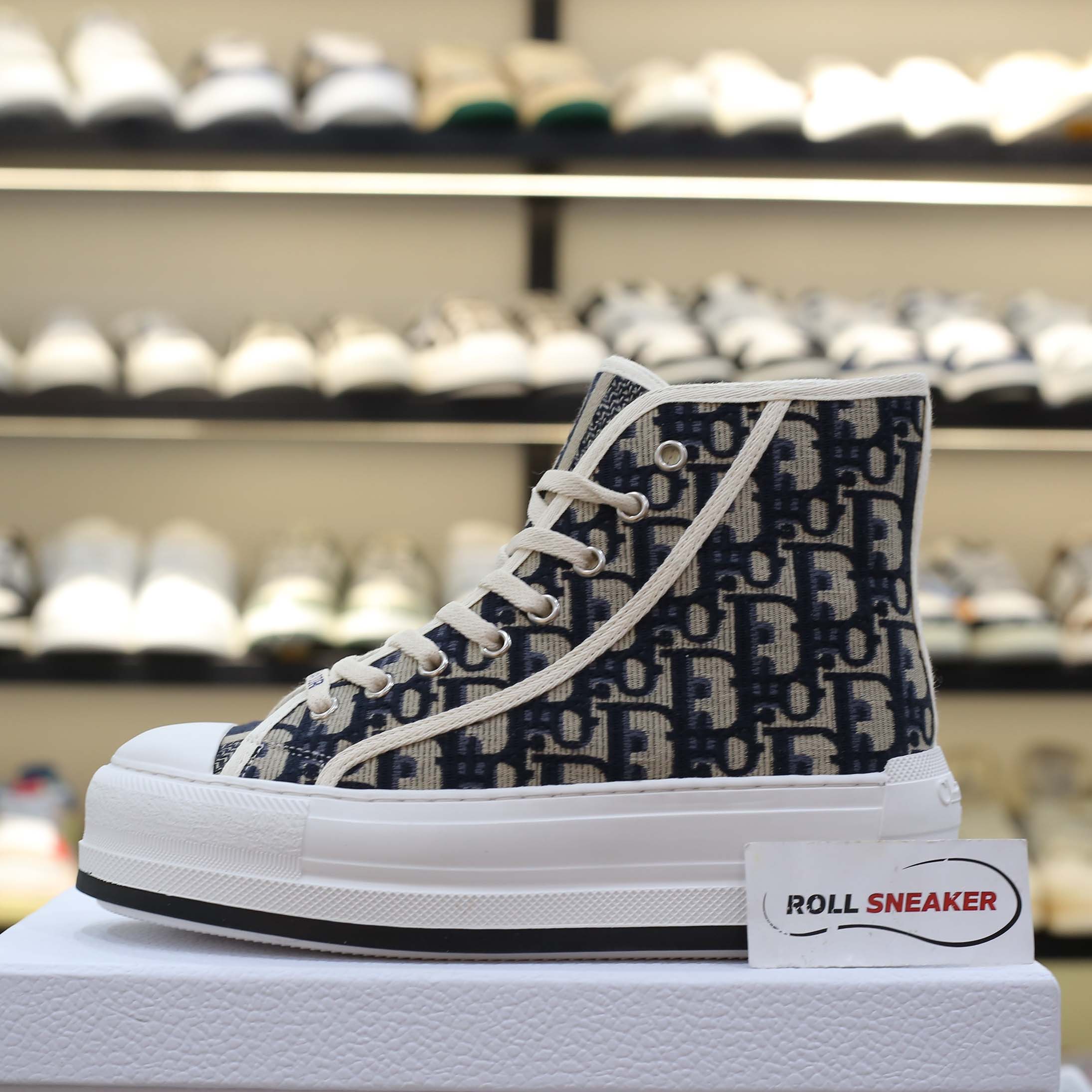 Giày WALK’N’DIOR HIGH-TOP PLATFORM SNEAKER Deep Blue Dior Oblique Embroidered Cotton Best Quality