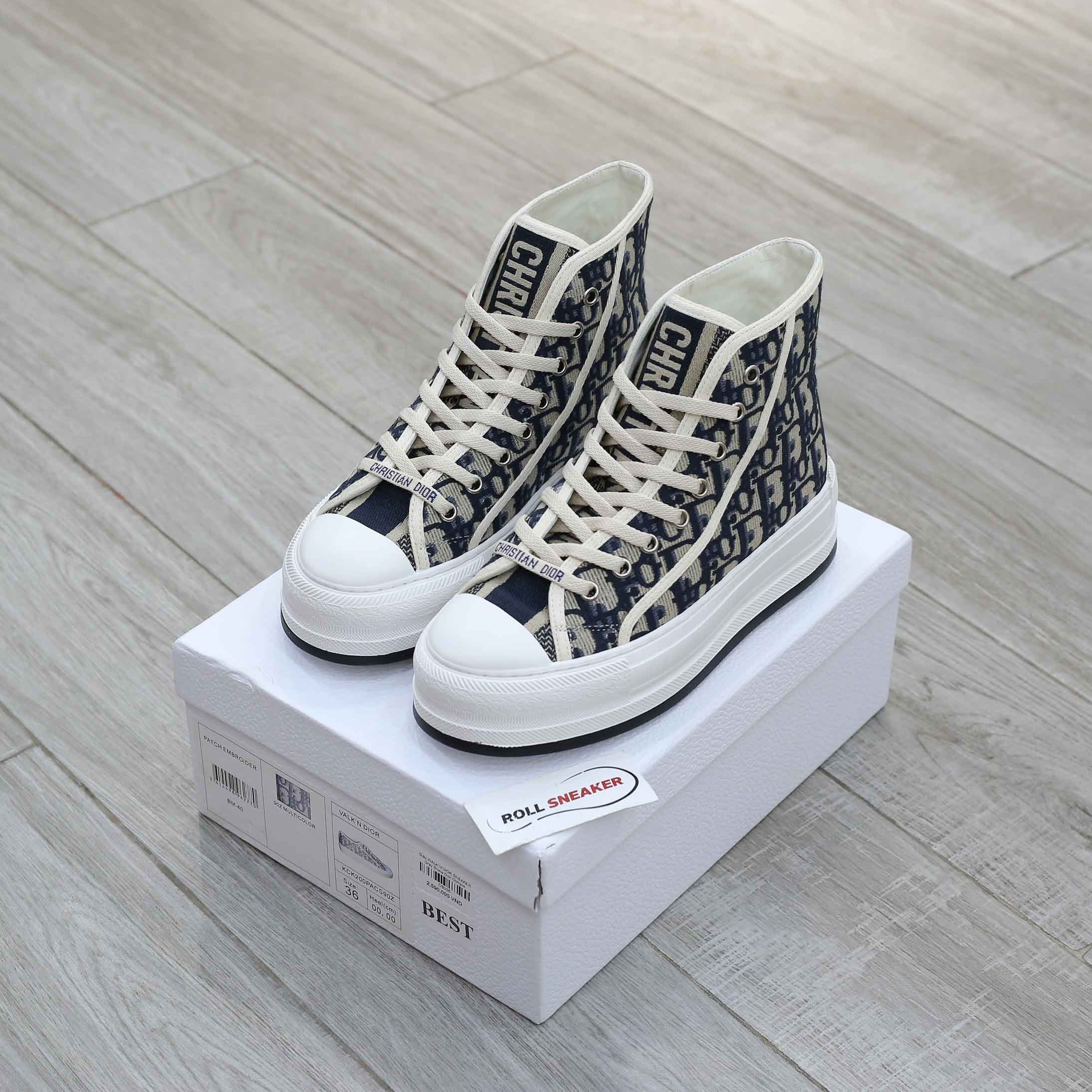 Giày WALK’N’DIOR HIGH-TOP PLATFORM SNEAKER Deep Blue Dior Oblique Embroidered Cotton Best Quality